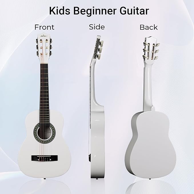 ADM Beginner Acoustic Classical Guitar Nylon Strings Wooden Guitar Bundle Kit for Kid Boy Girl Student Youth Guitarra Online Lessons with Gig Bag, Strap, Tuner, Picks (30 Inch, White)-CubbioJoy