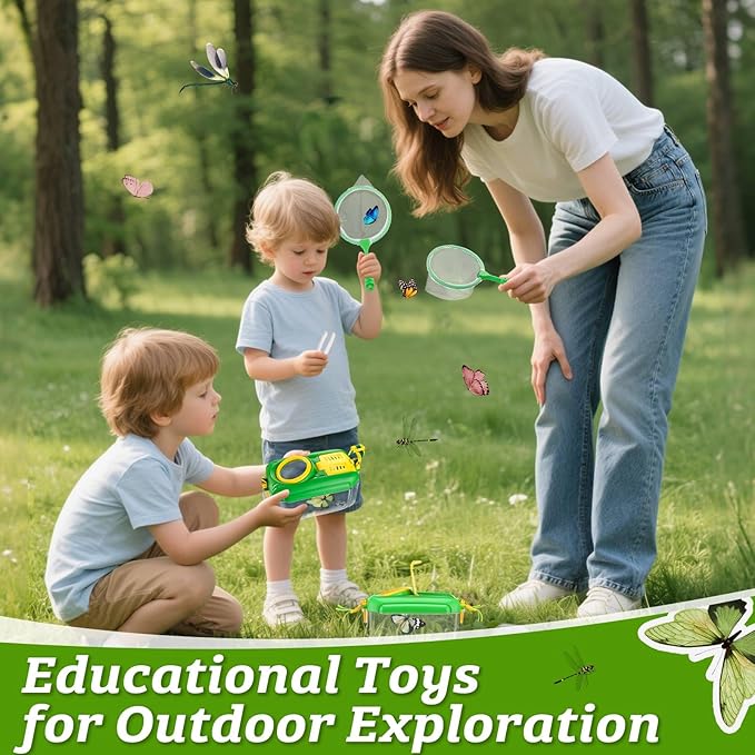 2 Set Bug Catcher for Kids- Educational Bug Catching Kit Including Butterfly Net, Insect Clip, Tweezer, Outdoor Toys for Kids Ages 3-10 (Green)-CubbioJoy
