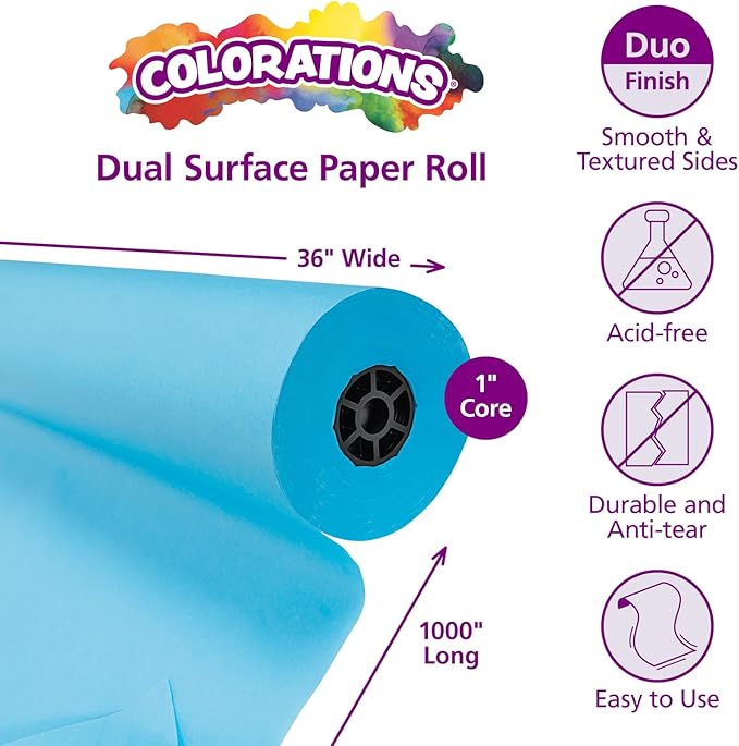 Colorations Arts and Crafts Paper Roll - 36" x 1000', Sky Blue, Dual Surface, Markers, Finger Paints, Painting, Watercolors, Acrylic Paints, Wall Art, Bulletin Board Paper, Kids Crafts (Item # DSSB)-CubbioJoy