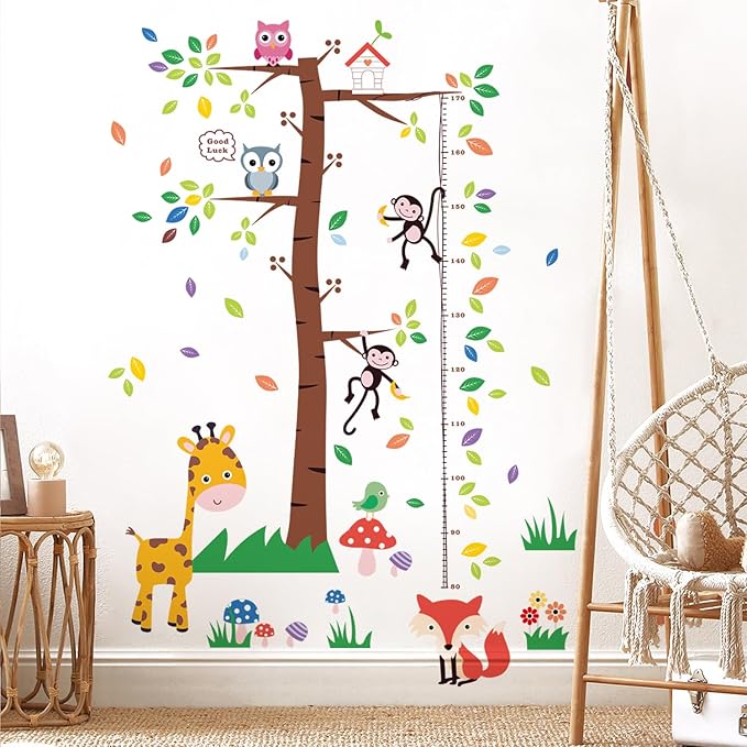 3D Cartoon Animal Height Growth Chart for Kids Wall Stickers Removable DIY Trees and Leaves Wall Stickers Vinyl Flowers Plants and Mushrooms Wall Art Decor for Nursery Kids Bedroom Living Room-CubbioJoy