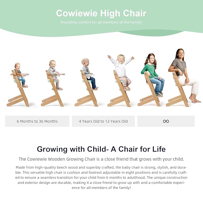 Cowiewie Natural Wooden High Chair for Babies & Toddlers 3-Tier Remove Adjustable Tray and Highchair with Cushions, Easy to Clean, Portable(Green)-CubbioJoy
