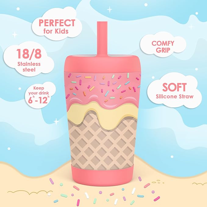 Kid Insulated Stainless Steel Tumbler with Silicone Straw, 12oz Sippy Cup for Kids (Sweet Ice Cream)-CubbioJoy
