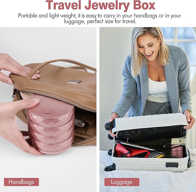 CONBOLA Travel Jewelry Case Box, Small Jewelry Organizer Earring Holder for Women, 5-Layer Rotating Jewelry Storage Tray with Lid for Bracelets Rings Bracelets-CubbioJoy