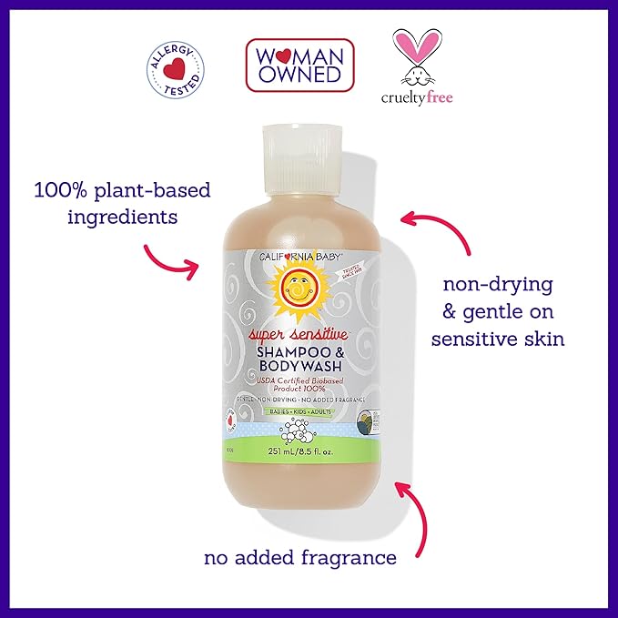 California Baby Super Sensitive Baby Shampoo and Body Wash | 100% Plant-Based | Gentle Fragrance Free Shampoo | Hypoallergenic | 251 mL / 8.5 oz-CubbioJoy