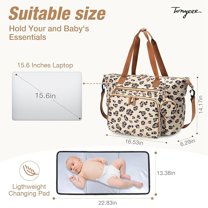 Diaper Bag Tote, Large Baby Diaper Bags for Travel, Hospital Bag for Labor Delivery with Pacifier Case, Changing Pad, Shoulder Strap, Leopard Print-CubbioJoy