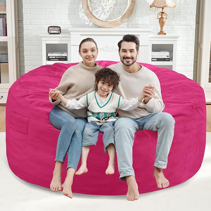 5FT Bean Bag Chair, Large Bean Bag Chairs with Memory Foam Filled, Fluffy Beanbag Sofa with Dutch Velvet Cover, Round BeanBag Chairs for Living Room, Playroom - Pink-CubbioJoy