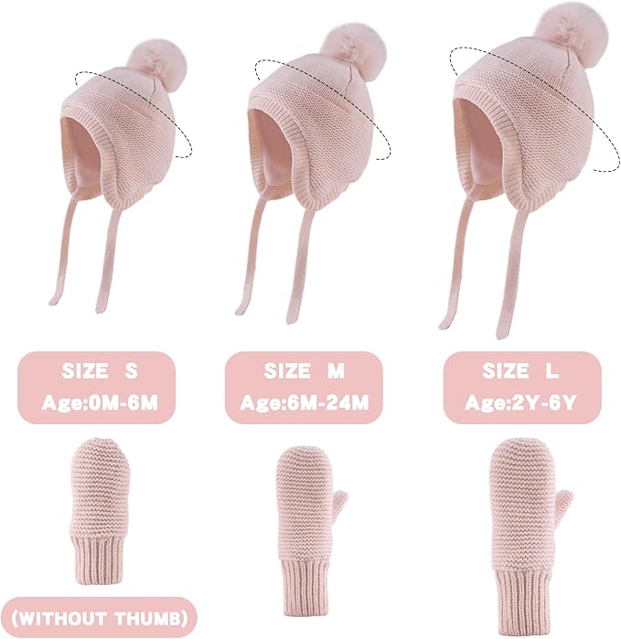 Basic Winter Baby Beanie Gloves Boys Girls Knitted Hat Pompom Kids Earflap Hats Warm Infant Toddler Beanie Mittens Set-CubbioJoy