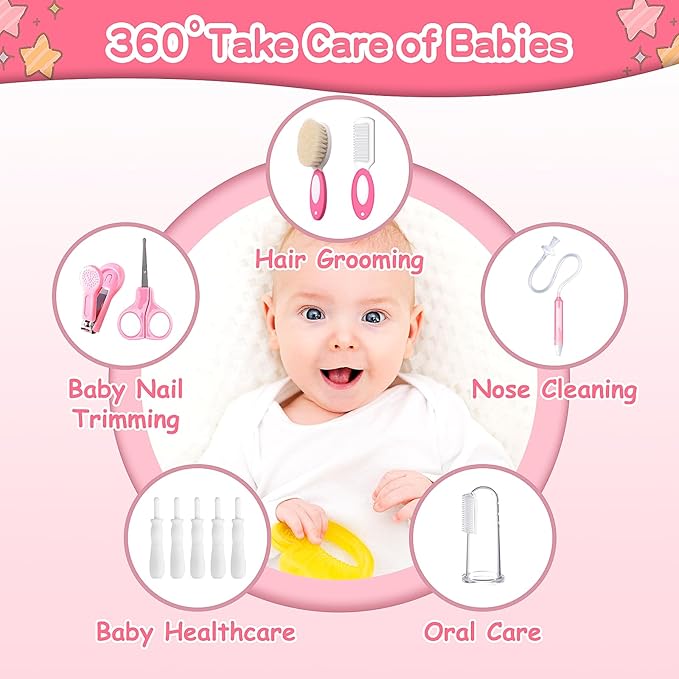 Baby Healthcare and Grooming Kit, 21 in 1 Portable Baby Essentials Kit with Gas Relief Hair Brush Comb Nasal Aspirator for Newborn Boys Girls (Pink)-CubbioJoy