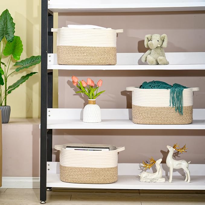 Cotton Rope Woven Storage Basket, Used for Baby Hamper Toy Organizer, Gift Baskets Empty,Kids Laundry Basket,Baby Blanket Basket. Size 15x10x8.7 Inches. (White&Brown-3PCS)-CubbioJoy