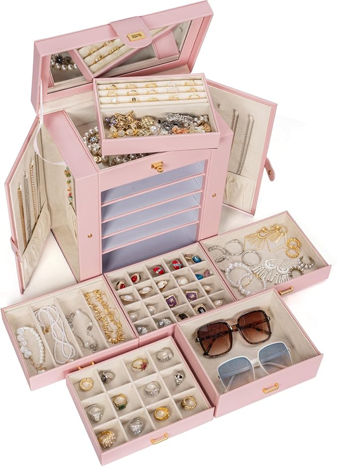 AKOZLIN Huge Jewelry Box Organizer Functional Extra Large Leather Jewelry Storage Case for Women Girls Ring Necklace Earring Bracelet Holder Organizer with Mirror-CubbioJoy