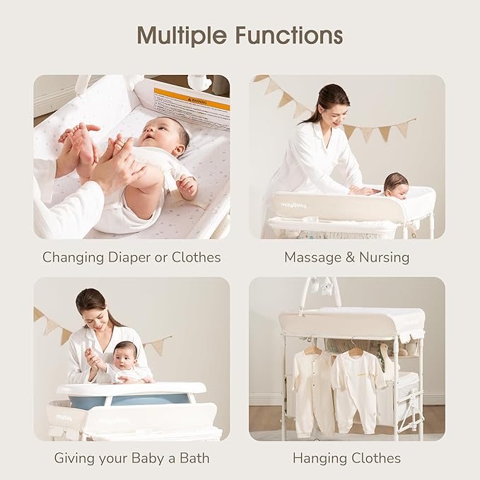 Baby Changing Table with Wheels, Maydolly Portable Foldable Changing Table, Waterproof Diaper Changing Station, Adjustable Height Changing Station, Mobile Nursery for Newborn and Infant (Beige)-CubbioJoy