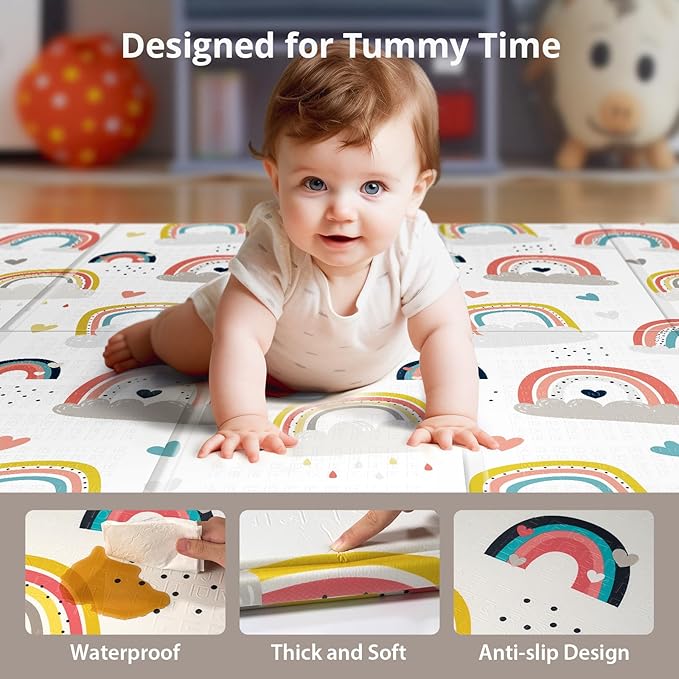 79 x 71 Baby Play Mats for Floor, Foldable Foam Play Mat for Babies 0-12 months,Thick & Waterproof Playmate for Baby, Non Toxic Baby Tummy Time Activity Playmat, Reversible Playpen Mat for Infant Toddlers-CubbioJoy