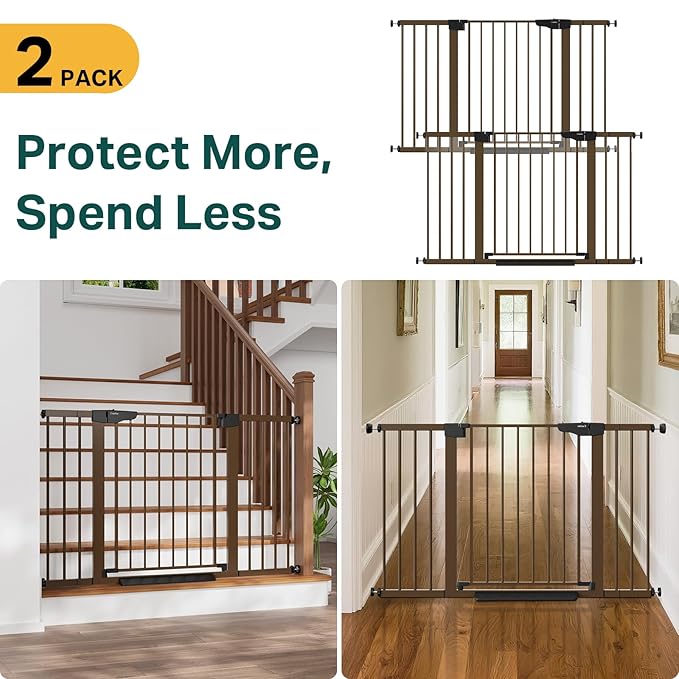 Cumbor 2 Pack 29.7"-51.5" Extra Wide Baby Gate for Stairs, Mom's Choice Awards Winner-Dog Gates for Doorways, Pressure Mounted Walk Through Pet Gate Indoor, Safety Auto-Close Child Gate for Kid,Brown-CubbioJoy