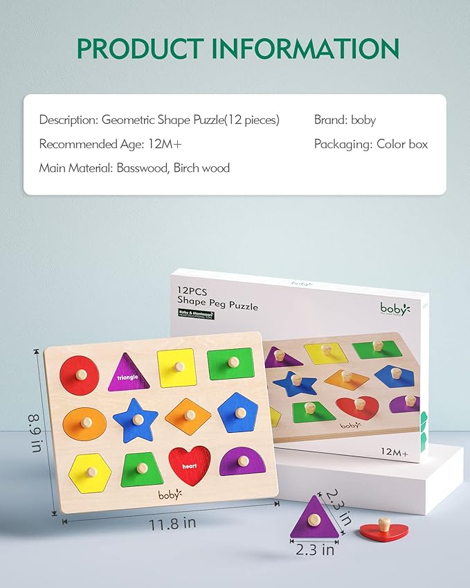Boby Shape Color Puzzle for Toddlers 1-3, Montessori Learning Toys for 1 + Year Old Girl, Jumbo Knob Wooden Pegged Chunky Shapes Puzzles for Kids Ages 3, Baby Educational Toys 12-18-24 Months Boys-CubbioJoy