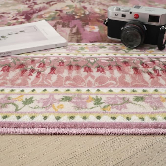 2x6 Runner Rug Impressionist-Style Vintage Kitchen Rugs Non Slip Washable Soft Carpet Runner for Kitchen Laundry Bedroom Bathroom, Pink-CubbioJoy