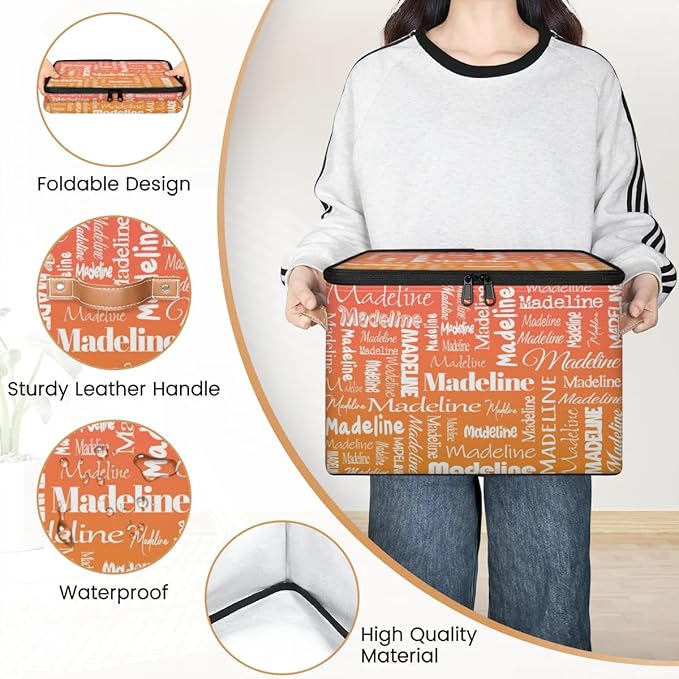 Custom Storage Basket with Name, Personalized Storage Bins with Zipper Lid, Foldable Fabric Storage Box Large capacity with Handle Orange-CubbioJoy