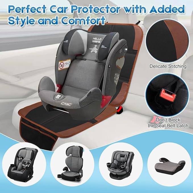 Car Seat Protector for Child, 2 Pack With Mesh Pockets & Non-Slip Backing 600D Durable Under Baby Seat Cover for Back Seat (Dark Brown, Standard)-CubbioJoy