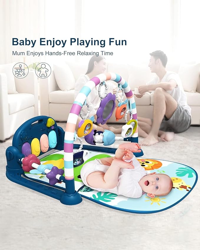 dearlomum Baby Play Mat Gym,Funny Play Piano Tummy Time Activity Mat with 5 Infant Sensory Toys & 4 Wrist Rattle Socks, Boy & Girl Gifts for Newborn 0 to 3 6 9 12 Months(Blue)-CubbioJoy