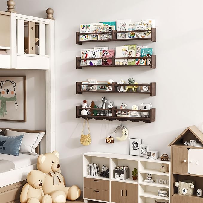 34Inch Nursery Bookshelves,Set of 4,Wall Floating Shelf Kids Coat Rack with 6Hooks,Hanging Book Shelf for Baby Nursery Room Décor (Dark Brown, 34)-CubbioJoy