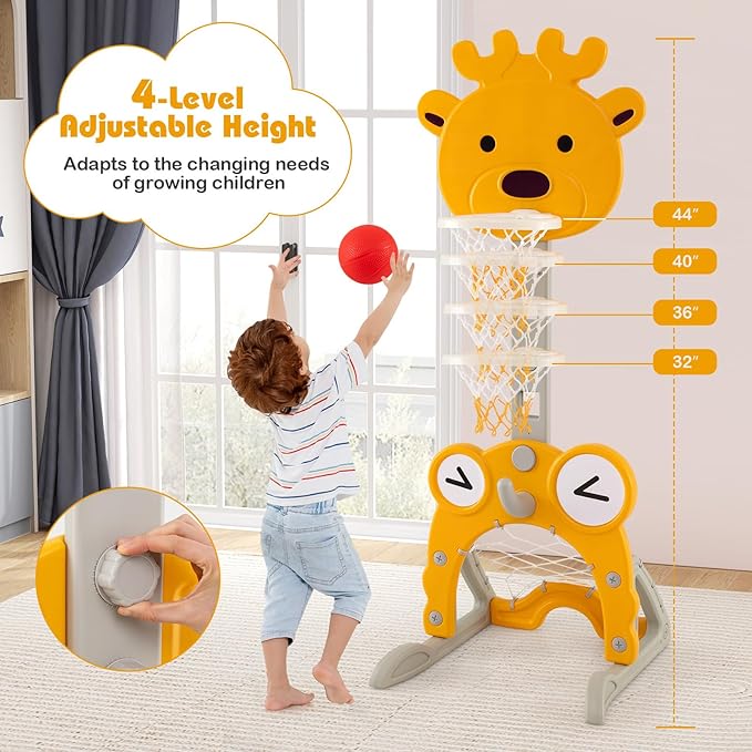 Costzon Toddler Basketball Hoop, 4-in-1 Kids Sports Activity Center with Rim, Soccer Goal, Golf, Ring Toss, Height Adjustable Kids Basketball Hoop with Fillable Base for Indoor Outdoor (Yellow Deer)-CubbioJoy