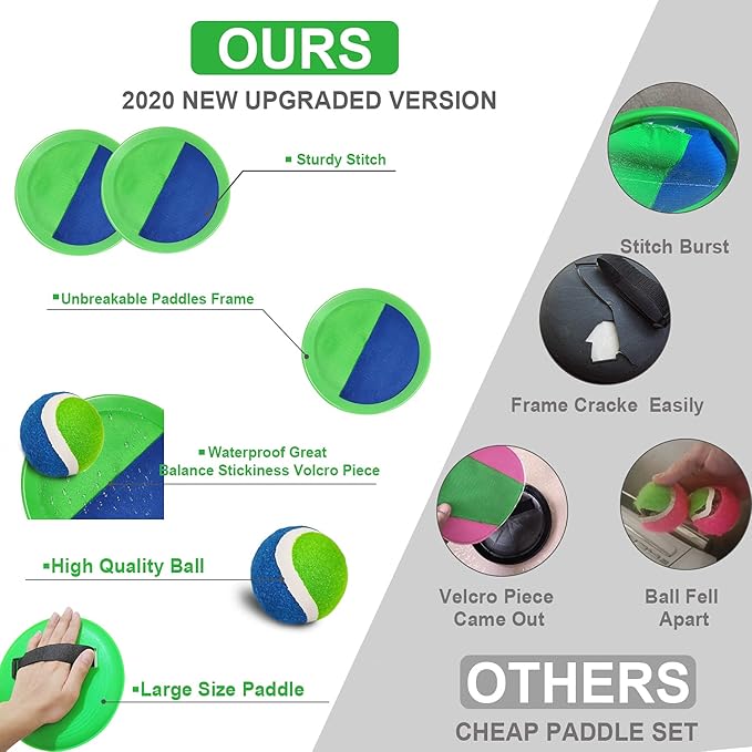 Jalunth Ball Catch Set Games Toss Paddle - Beach Toys Back Yard Lawn Outdoor Pool Backyard Camping Throw Age 3 4 5 6 7 8 9 10 11 12 Years Old Boys Girls Kids Adults Family Outside Easter Gifts Green-CubbioJoy