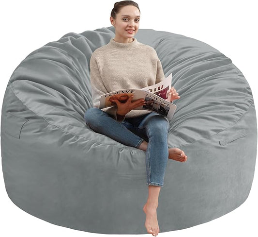 3FT Bean Bag Chair, Comfy Bean Bag Chairs with Memory Foam Filled, Fluffy Beanbag Sofa with Dutch Velvet Cover, Round BeanBag Chairs for Living Room, Playroom - Light Grey-CubbioJoy