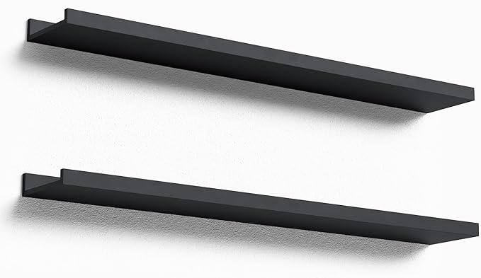 35.4 Inches Long Floating Shelves Wall Mounted, 2 Set Modern Black Wall Shelf for Bedroom, Nursery Book Shelf with Lip, Picture Ledge Shelf for Wall Decor Living Room Bathroom Kitchen- Black-CubbioJoy