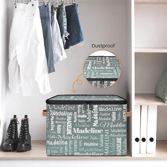 Custom Storage Basket with Name, Personalized Storage Bins with Zipper Lid, Foldable Fabric Storage Box Large capacity with Handle Gradient Grey Green-CubbioJoy