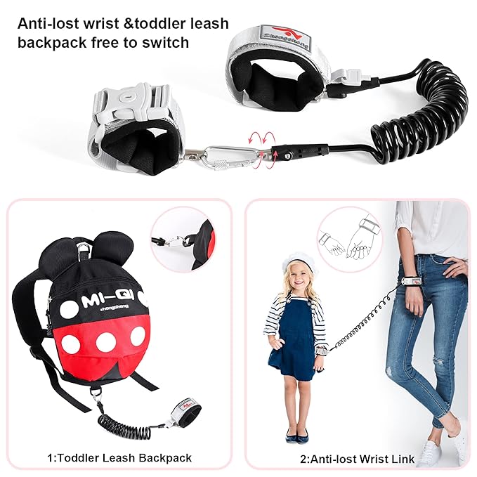 CZSYZCZS Toddlers Leash + Anti Lost Wrist Link Child Kids Safety Harness Kids Walking Wristband Assistant Strap Belt (black red)-CubbioJoy