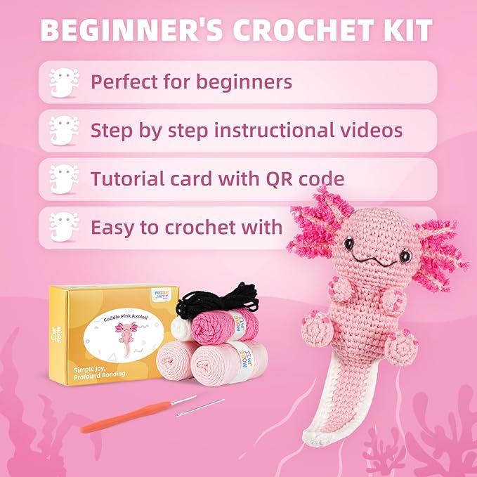 Crochet Kit for Beginners, Learn to Crochet, Include Easy Knitting Soft Yarn, Step-by-Step Video Tutorial, Hook, Holiday Birthday Gift for Adults and Kids(Happy Axolotl)-CubbioJoy