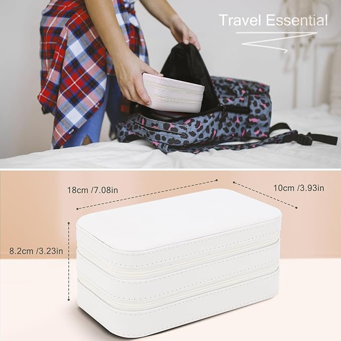 DesignSter Small Travel Jewelry Box with Double Zipper, 2 Layers PU Portable Jewelry Case for Women and Girls,Travel Jewelry Organizer for Rings, Earrings, Necklaces, Bracelets,Beige-CubbioJoy