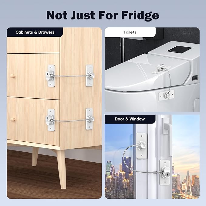 2 Pack Refrigerator Door Lock with Adhesive, No Tools Required, Child Proof Fridge Door Lock for Kids and Pets, Self Adhesive Latch for Freezer, Cabinets, Drawers, Air Oven, Windows (Patent)-CubbioJoy