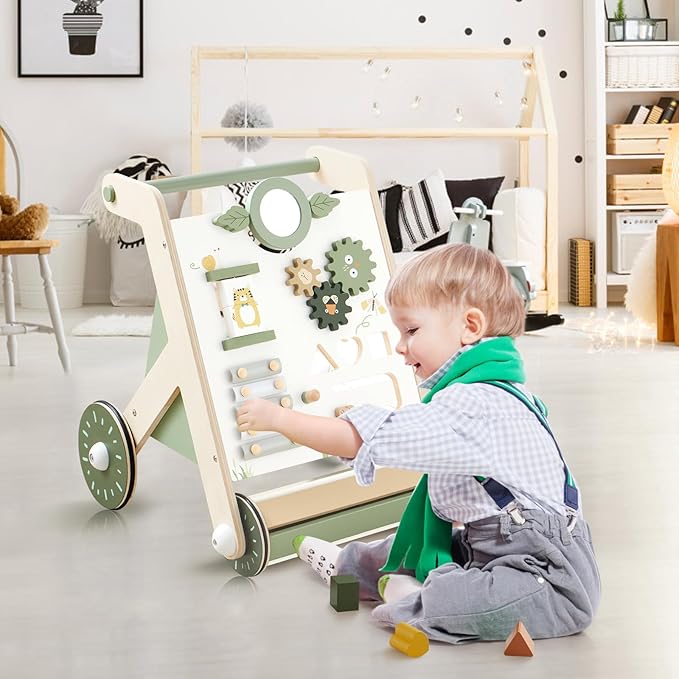 Beright Wooden Baby Walker with Roller Upgraded, Push and Pull Learning Activity Walker, Multi-Functional Kids’ Activity Toys, Develops Motor Skills & Stimulates Creativity, Green-CubbioJoy
