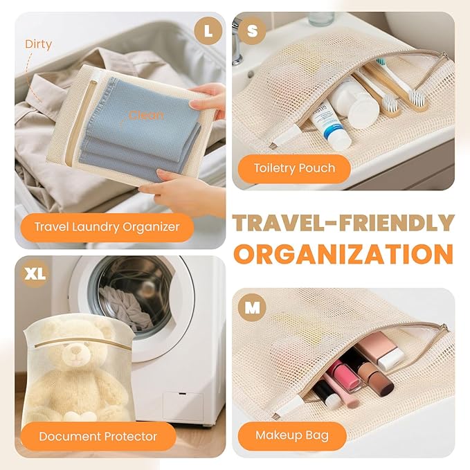 4Pcs Cotton Mesh Laundry Bags for Delicates,Breathable Mesh Garment Bag for Washing Machine, Travel Wash Bags with Zipper for Bras, Underwear, Socks, Clothes, Laundry Dorm Room Essentials(S-XL)-CubbioJoy