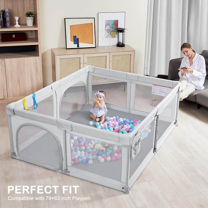 ANGELBLISS Baby Playpen, 79"x 63"x 1.18" Self-Inflating Play Mat for Babies and Toddlers, Roll Up & Waterproof Foam Crawling Mat, Portable Playmat with Travel Bag Grey-CubbioJoy