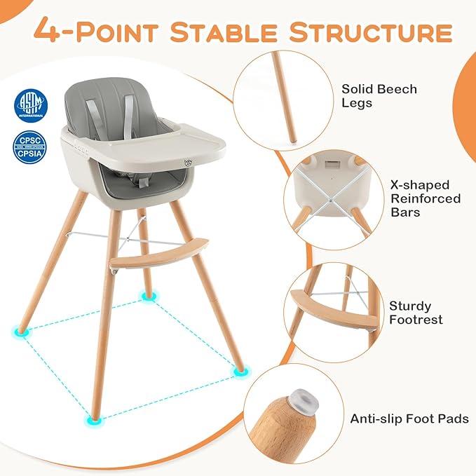 BABY JOY Convertible Baby High Chair, 3 in 1 Wooden Highchair/Booster/Chair with Removable Tray, Adjustable Legs, 5-Point Harness, PU Cushion and Footrest for Baby, Infants, Toddlers (Gray)-CubbioJoy