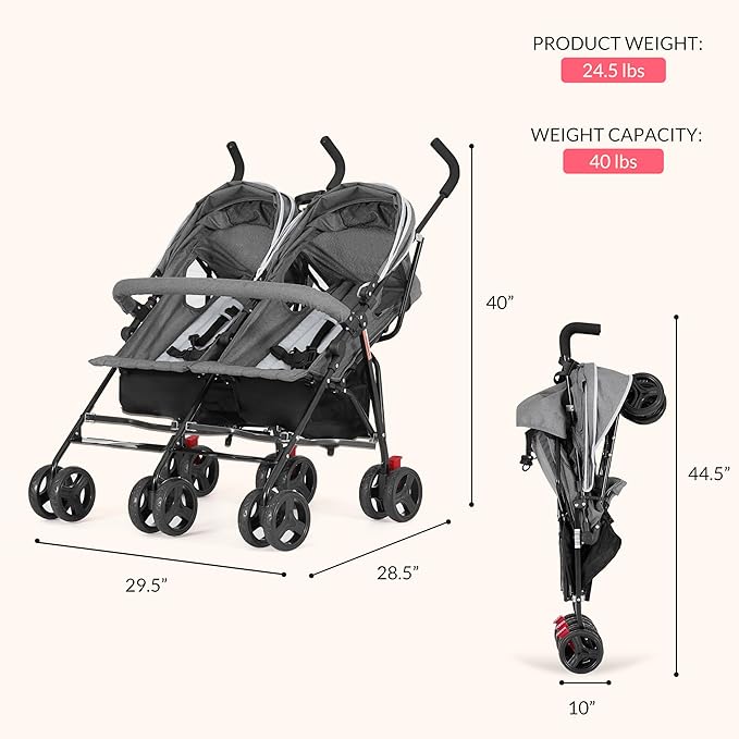 Dream On Me Volgo Twin Umbrella Stroller in Gray, Lightweight Double Stroller for Infant & Toddler, Compact Easy Fold, Large Storage Basket, Large and Adjustable Canopy-CubbioJoy
