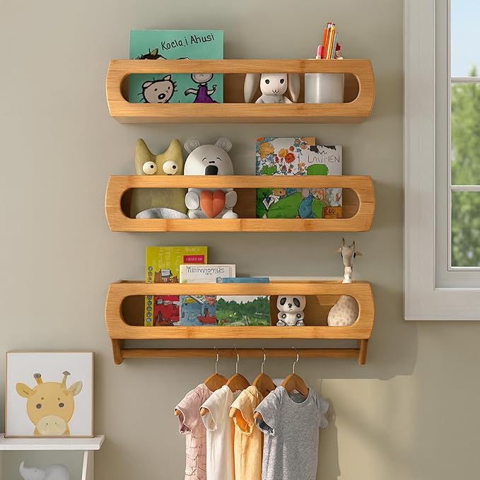Bamboo Nursery Book Shelves, Fully Assembled For Easy Use - Set of 3 Floating Shelves for Wall Kids, Wall Mounted Book Shelves For Kids Room, Baby Room, Toddler Room, Nursery Decor, 16.5 Inch Natural-CubbioJoy