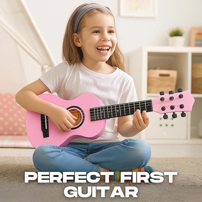 23" Acoustic Guitar, Kids 6 String Toy Guitar - Realistic Steel Strings - Beginner Practice First Musical Instrument for Children, Toddlers (Pink)-CubbioJoy