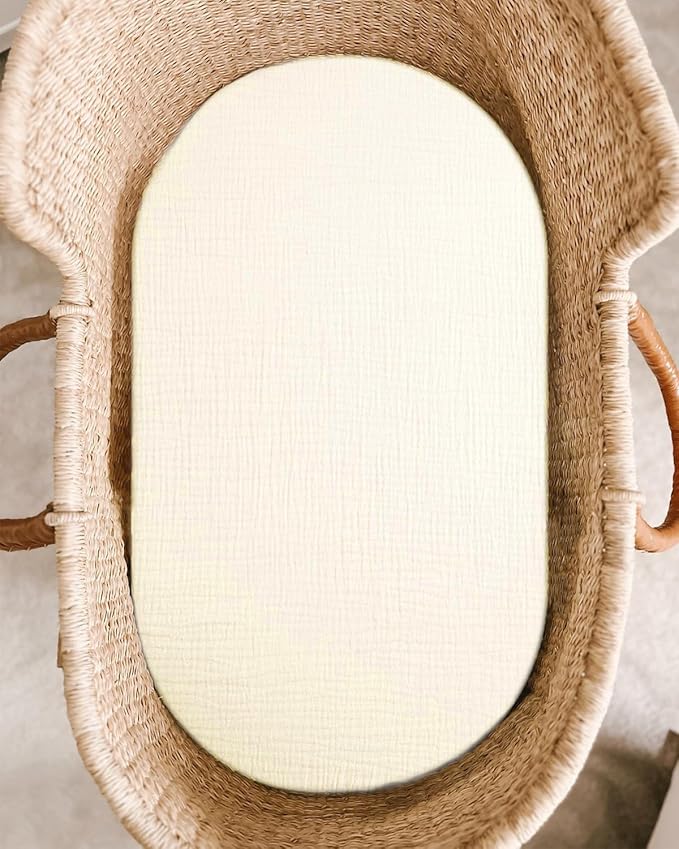 Bassinet Sheet for Baby Boy and Girl, Fitted Sheets for Rectangle, Oval, Hourglass Bassinet Mattress, Muslin Moses Basket Sheets with Neutral Style (Cream)-CubbioJoy