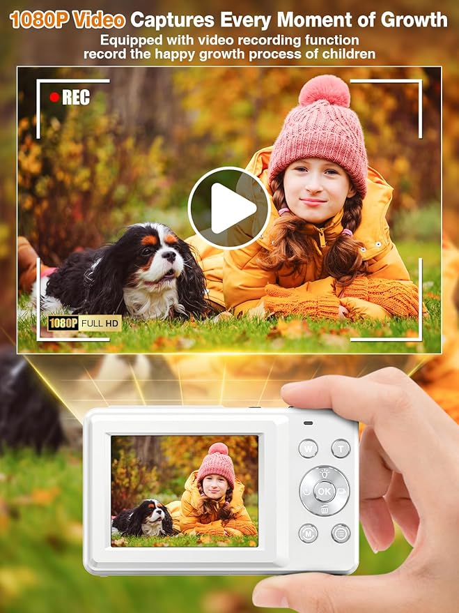 Digital Camera,FHD 1080P Kids Camera 44MP Point and Shoot Digital Cameras with 32GB Card,16X Zoom,Anti-Shake,Date Stamp,Compact Small Cameras Photography for Kids Student Teen Girl Boy(White)-CubbioJoy