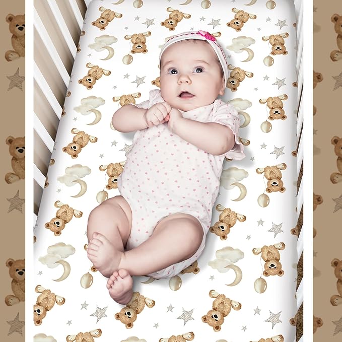 3 Pcs Baby Crib Bedding Set Safari Animals Dinosaurs Bear Woodland Animals Jungle Crib Set Includes Quilt, Fitted Sheet, Skirt for Baby Boy Girl(Brown,Teddy Bear)-CubbioJoy