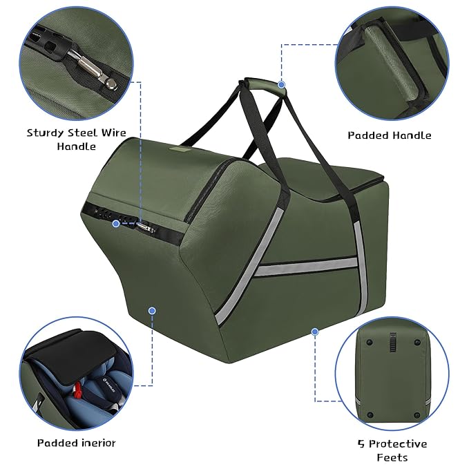Infant Car Seat Travel Bag for Airplane Compatible with All Nuna Pipa Car Seat and Base,Chicco KeyFit 30 and Base, Padded Car Seat Bags for Air Travel,Car Seat Gate Check Bag with Side Pocket, Green-CubbioJoy