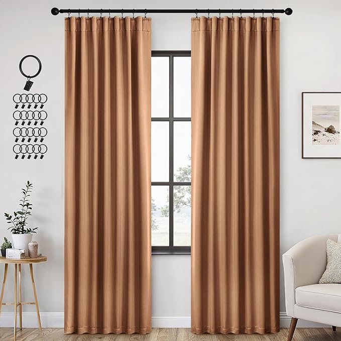 ANRODUO Back Tab Blackout Curtains for Bedroom Living Room, Rod Pocket Pinch Pleated Thermal Insulated Room Darkening Curtains 90 Inches Long 2 Panels, Brown, 42 x 90 Inch-CubbioJoy