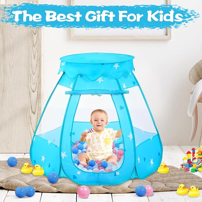 Baby Ball Pit for Toddler with 50 Balls, Kids Pop Up Play Tent for Girls, Princess Toys for Children Indoor & Outdoor Playhouse with Carry Bag (Bule: Pink/White/Babyblue, 109x90cm/50 Balls)-CubbioJoy