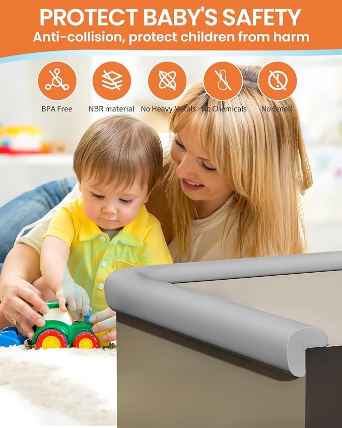 Baby Proof Edge Corner Protector, 16.4FT 0.47''Th L-Shape Furniture Corner & Edge Safety Bumpers with 10 Corners, Pre-Taped, Soft NBR Rubber Foam Desk Edge Cushion Wall Corner Protector (Grey)-CubbioJoy