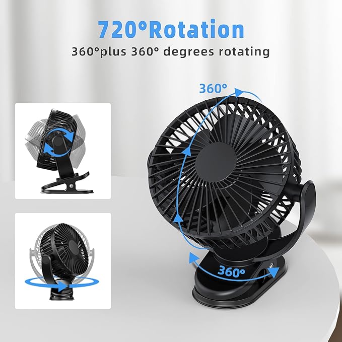 ATEngeus Rechargeable Clip-on USB Desk Fan, 3 Speeds, 5000mAh Battery, 720Rotation, Sturdy Clamp for Home, Camping, Treadmill and Car-CubbioJoy