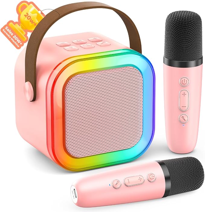 Karaoke Machine for Kids Adults, Portable Bluetooth Mini Karaoke Microphone Singing Speaker with 2 Mic and Light,Toys for All Smartphones,Birthday, Family,Home Party (Pink)-CubbioJoy