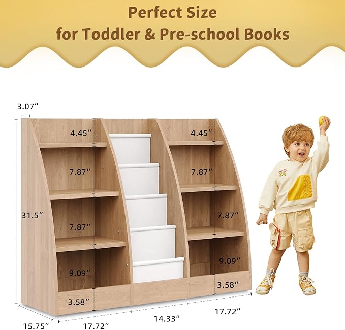 4 Tier Kids Bookshelf, 4 Layer Sling Kids Book Shelf for Kids Rooms, XXL Wood Children Bookcase,Baby Storage Book Rack,Toddler Bookshelf, Book and Toy Organizer,Book Display Shelf Burlywood-CubbioJoy