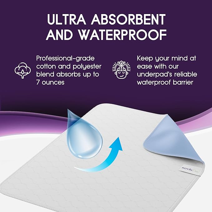 Incontinence Bed Pads - 2 Pack 34"x 52" Reusable Waterproof Mattress Protectors - Highly Absorbent, Machine Washable - for Children, Pets and Seniors - Blue - Royal Care-CubbioJoy